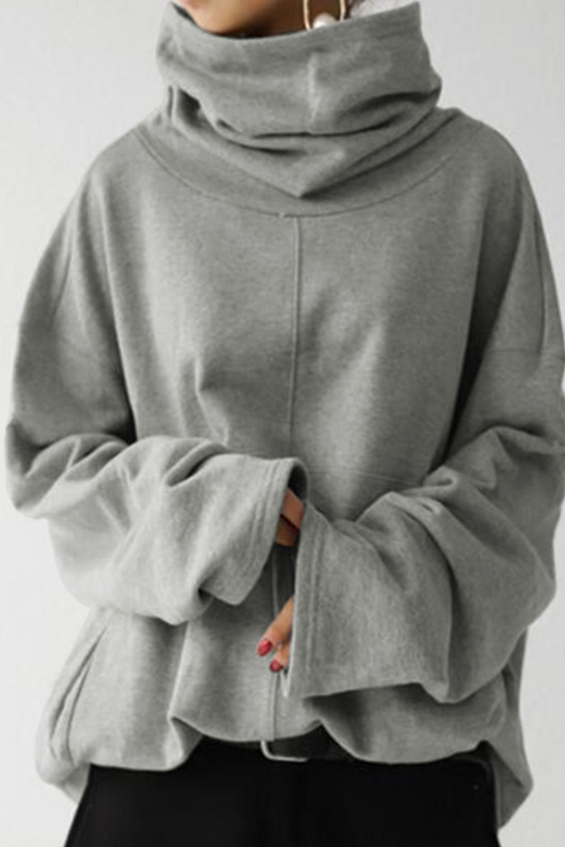 Sudadera informal de cuello alto con bolsillos y parches lisos (5 colores)