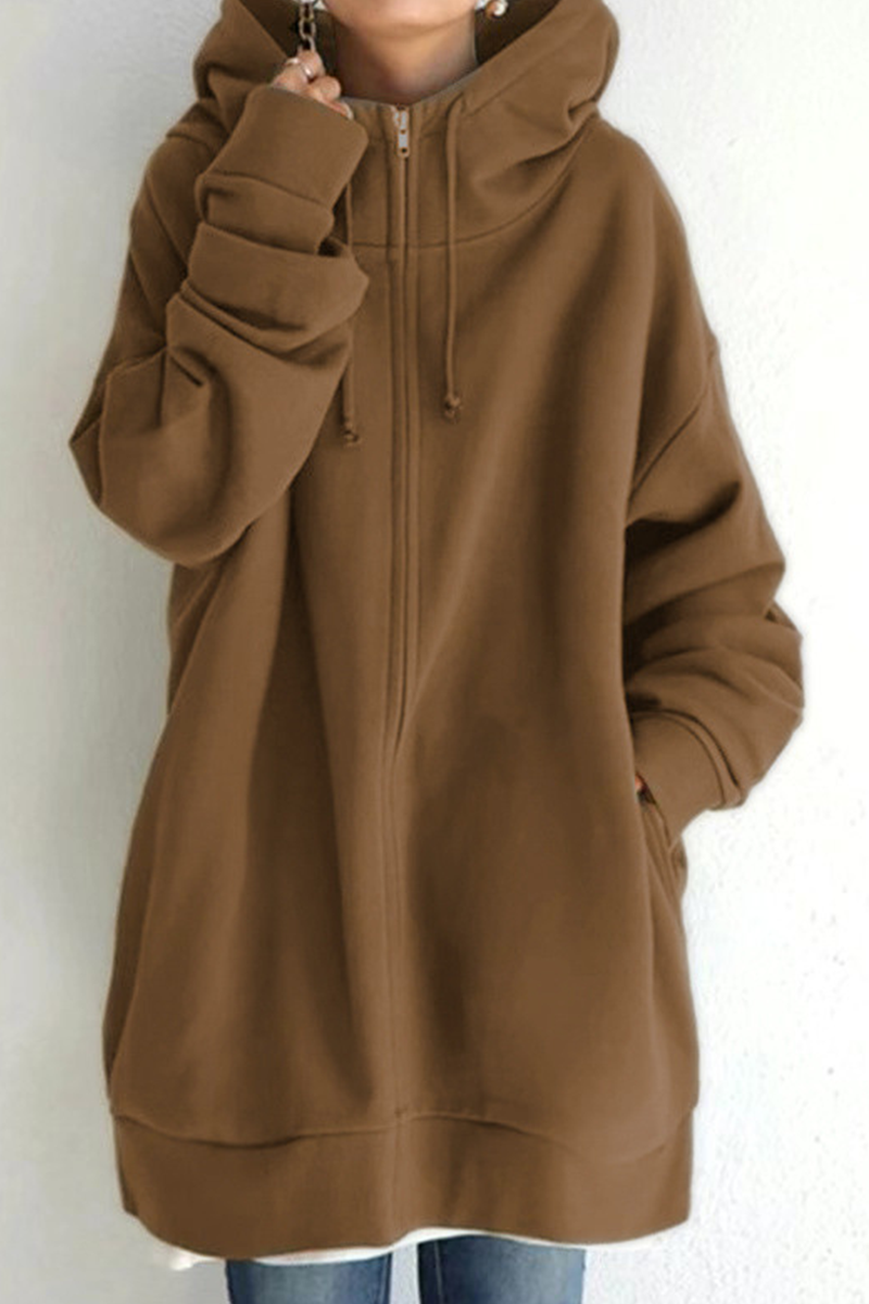 Tops casuales de cuello con capucha y cremallera con bolsillo y cordón (13 colores)