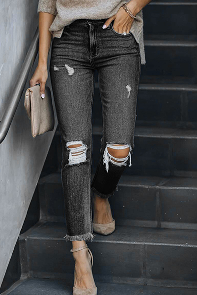 Pantalones casuales de tubo con borlas lisas y rotos