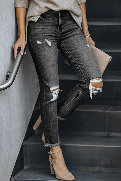 Pantalones casuales de tubo con borlas lisas y rotos