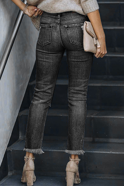 Pantalones casuales de tubo con borlas lisas y rotos