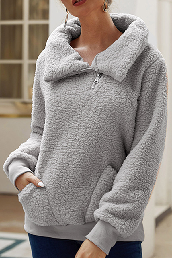 Tops casuales de cuello vuelto con cremallera y bolsillos sólidos