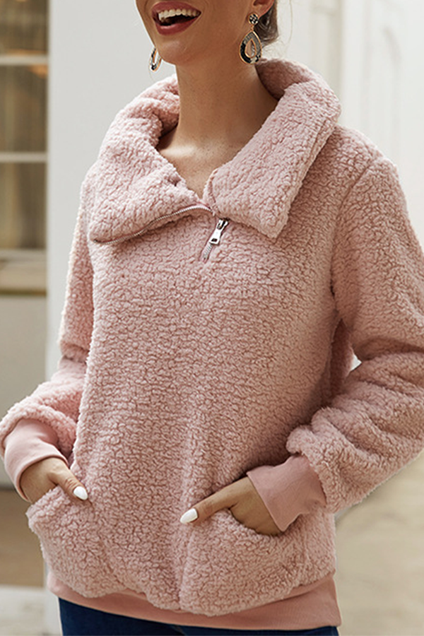 Tops casuales de cuello vuelto con cremallera y bolsillos sólidos