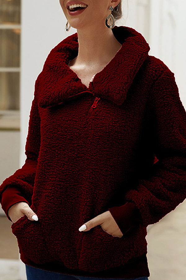 Tops casuales de cuello vuelto con cremallera y bolsillos sólidos