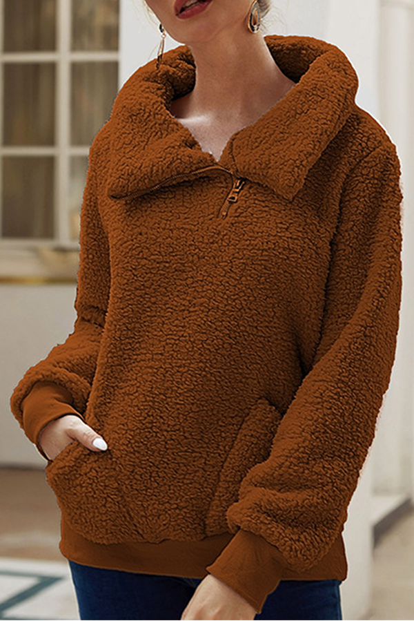 Tops casuales de cuello vuelto con cremallera y bolsillos sólidos