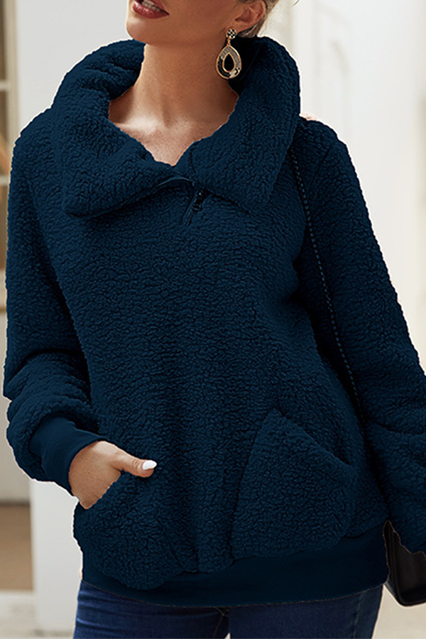 Tops casuales de cuello vuelto con cremallera y bolsillos sólidos