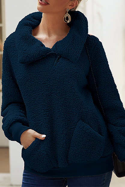 Tops casuales de cuello vuelto con cremallera y bolsillos sólidos