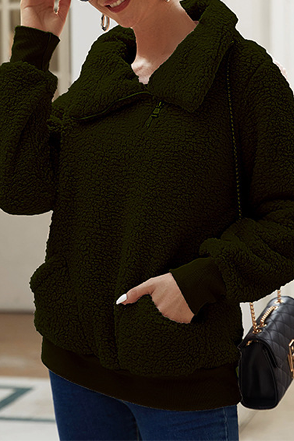 Tops casuales de cuello vuelto con cremallera y bolsillos sólidos