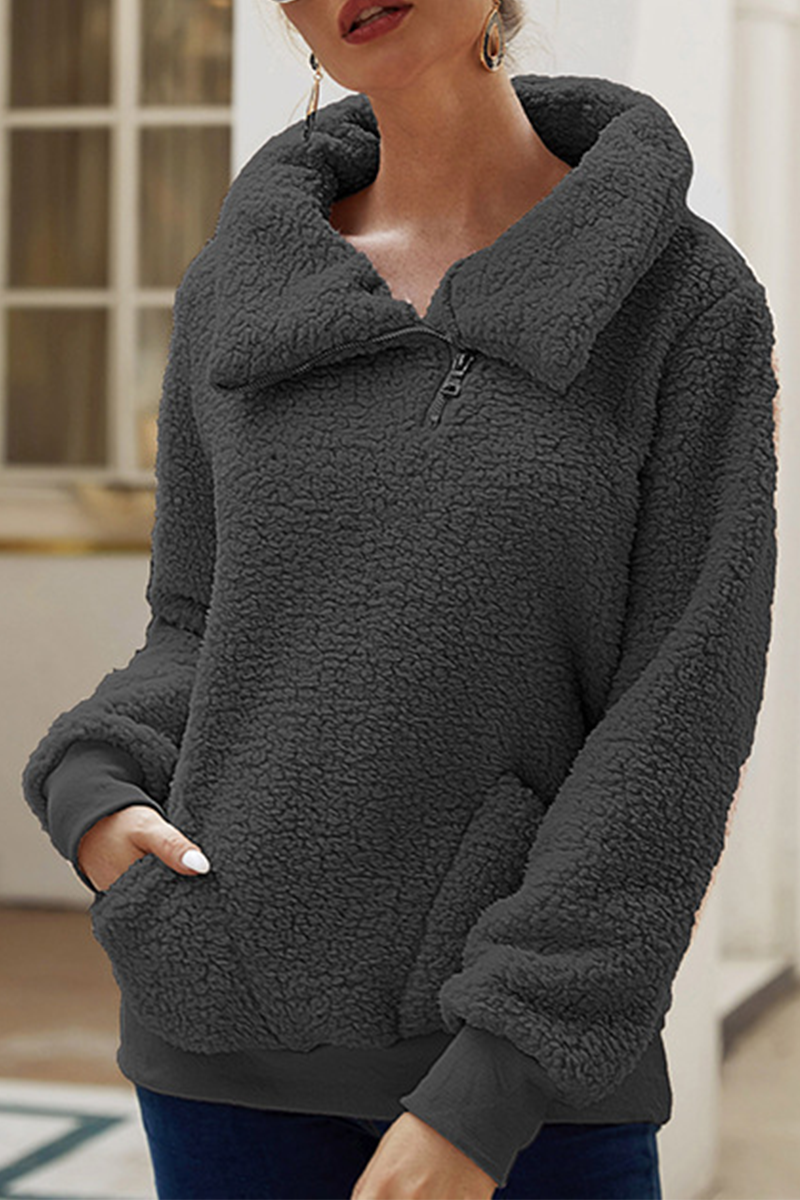 Tops casuales de cuello vuelto con cremallera y bolsillos sólidos