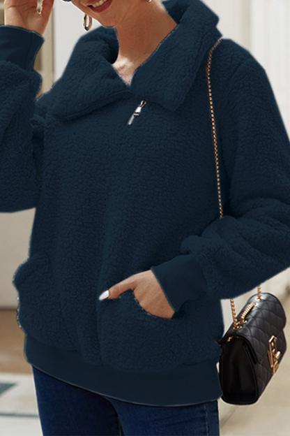 Tops casuales de cuello vuelto con cremallera y bolsillos sólidos