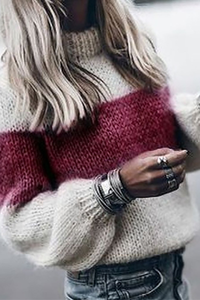 Tops casuales de cuello redondo con contraste y patchwork a rayas