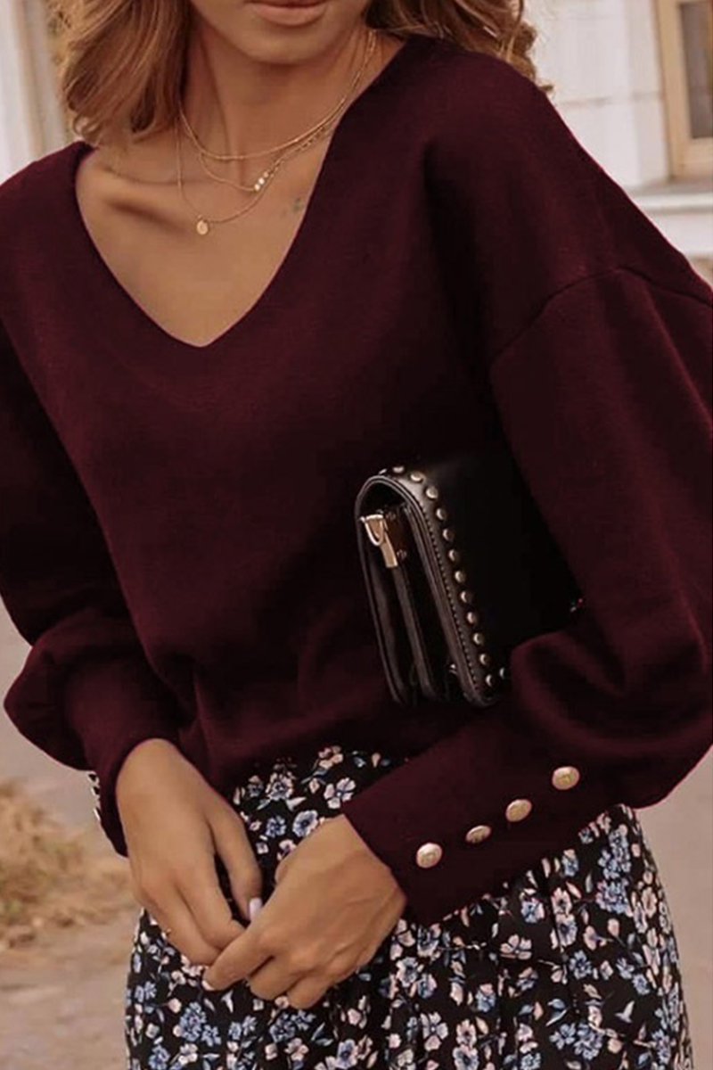 Tops casuales de cuello en V con hebilla y patchwork sólido