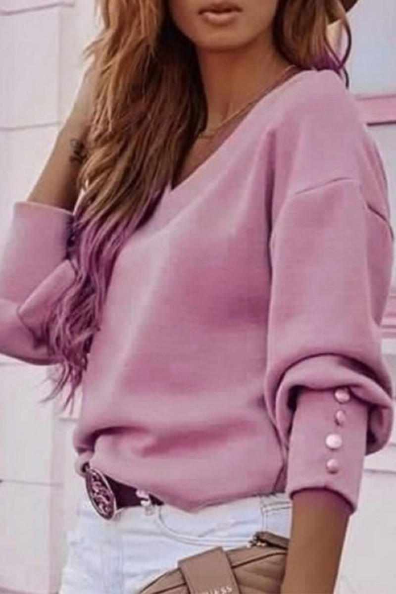 Tops casuales de cuello en V con hebilla y patchwork sólido