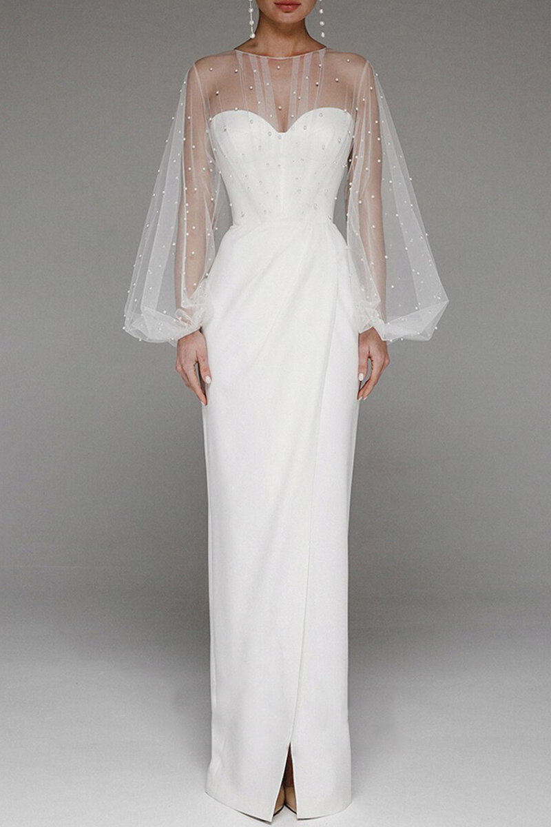 Vestidos de noche elegantes de celebridades con abertura sólida y cuentas de malla sin tirantes