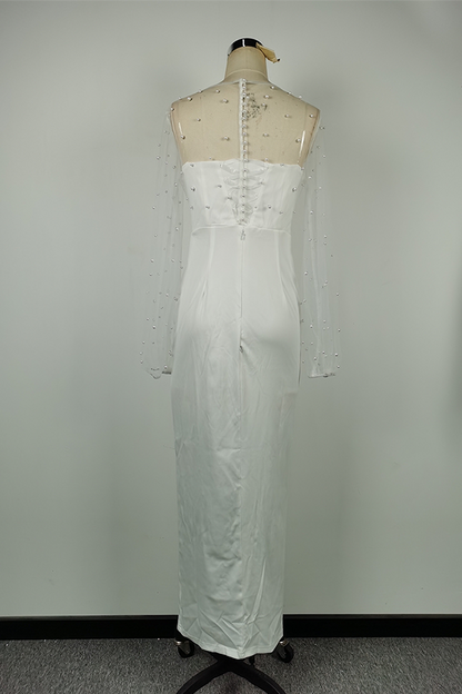 Vestidos de noche elegantes de celebridades con abertura sólida y cuentas de malla sin tirantes
