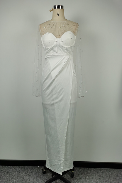 Vestidos de noche elegantes de celebridades con abertura sólida y cuentas de malla sin tirantes
