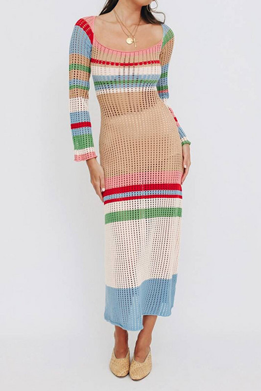 Vestidos casuales elegantes con cuello en U, ahuecados y en contraste con patchwork