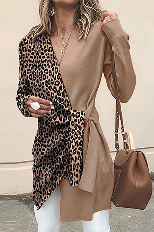 Prenda exterior informal y elegante con cuello en V y diseño de tiras de retazos de leopardo (4 colores)