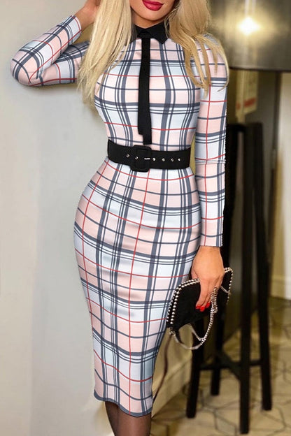 Vestidos casuales de moda con estampado de patchwork y cinturón, cuello vuelto, manga larga (7 colores)