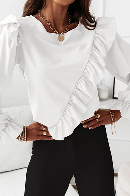 Blusa elegante de moda con cuello redondo, volantes y abertura en la parte superior (4 colores)