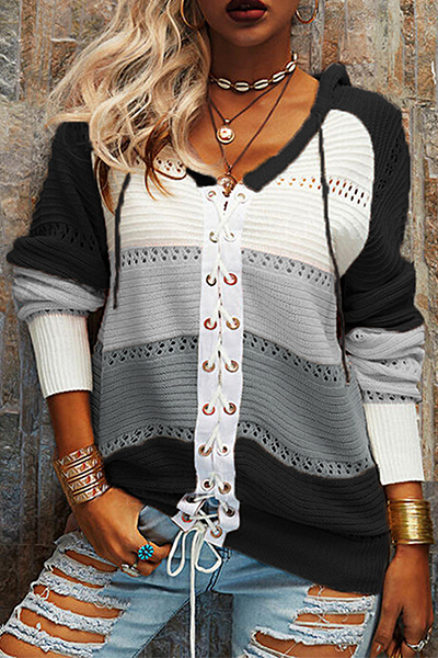 Blusa informal con cuello y capucha en contraste, con tiras cruzadas y diseño de patchwork (7 colores)