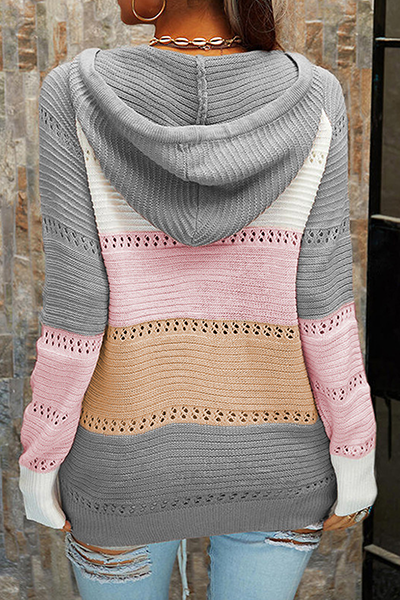 Blusa informal con cuello y capucha en contraste, con tiras cruzadas y diseño de patchwork (7 colores)