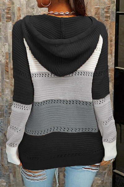 Blusa informal con cuello y capucha en contraste, con tiras cruzadas y diseño de patchwork (7 colores)