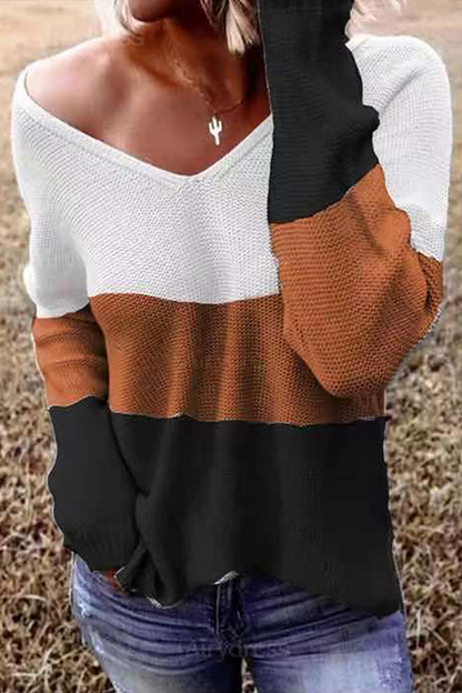 Tops casuales de rayas con patchwork y cuello en V en contraste