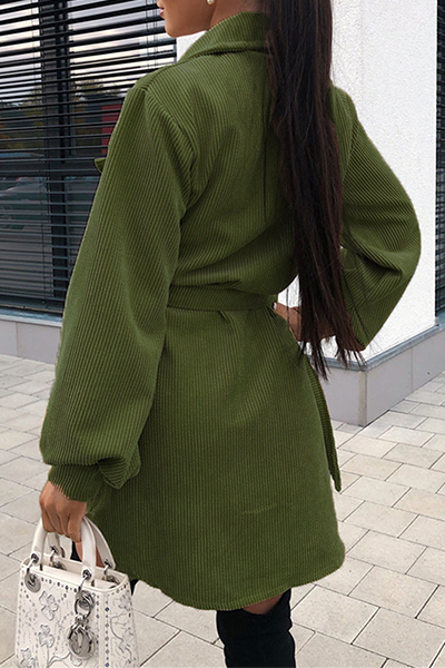 Vestidos de moda estilo británico con hebilla de bolsillo sólida y cinturón con cuello vuelto