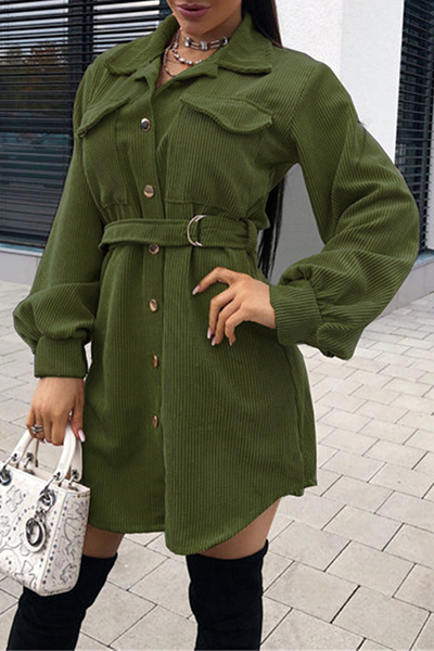 Vestidos de moda estilo británico con hebilla de bolsillo sólida y cinturón con cuello vuelto