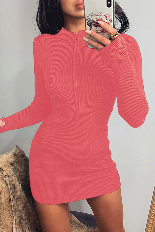 Vestidos de falda lápiz con cuello con cremallera y patchwork liso de moda urbana (10 colores)