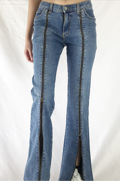 Pantalones de patchwork de calle con cremallera y pierna ancha