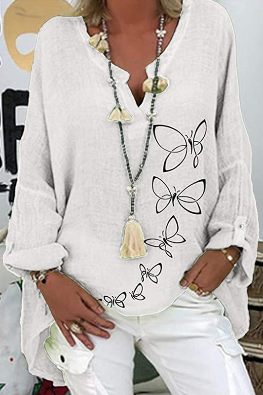 Tops casuales con cuello en V y estampado de mariposas y patchwork