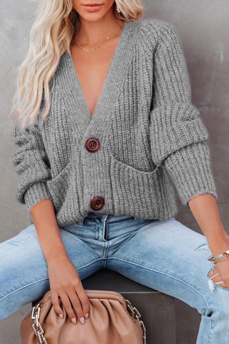 Tops casuales de cuello en V con botones y bolsillos sólidos