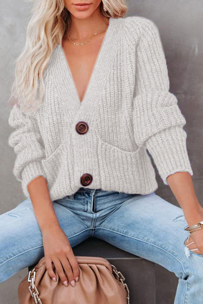 Tops casuales de cuello en V con botones y bolsillos sólidos