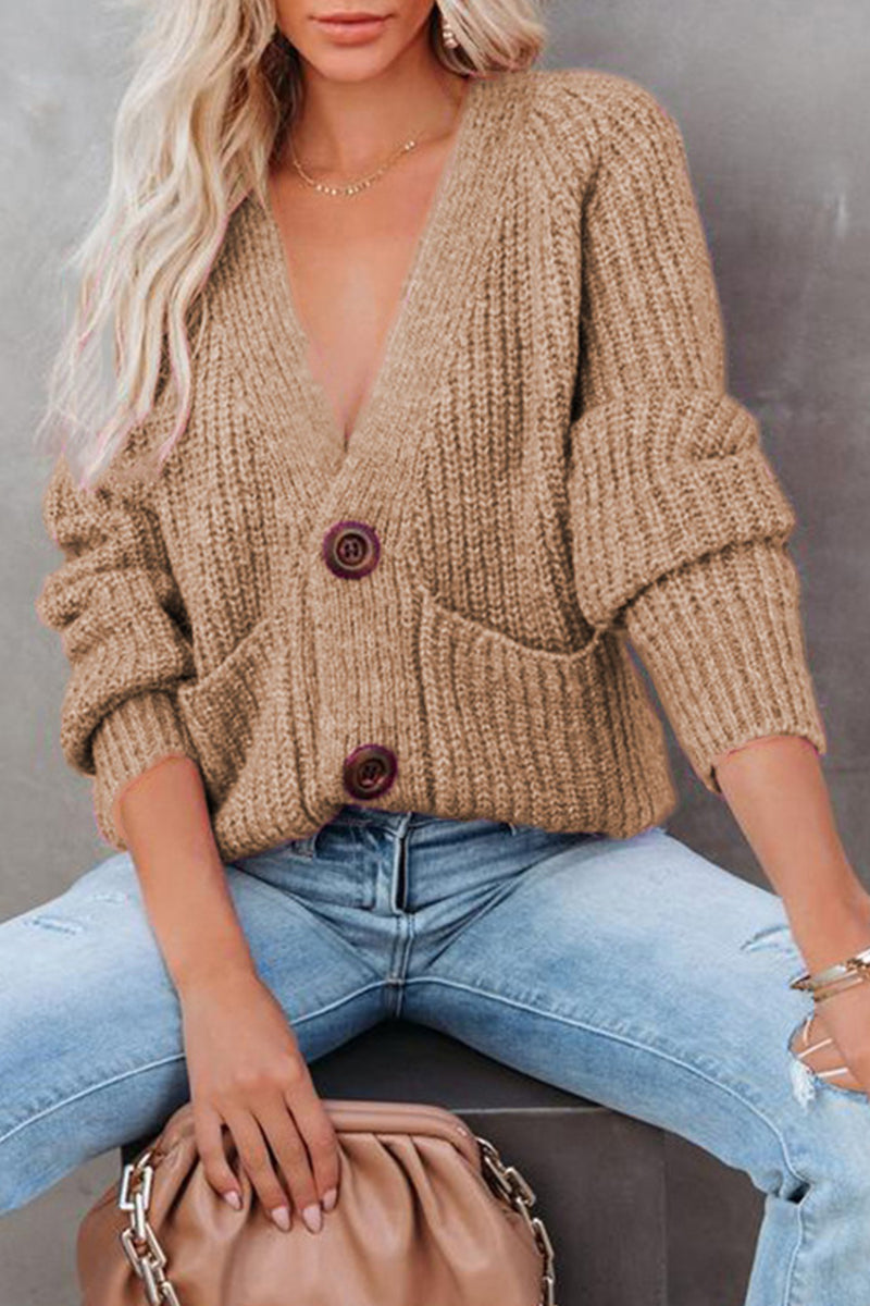Tops casuales de cuello en V con botones y bolsillos sólidos