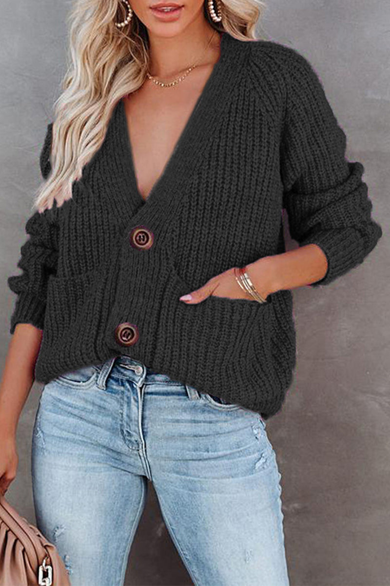 Tops casuales de cuello en V con botones y bolsillos sólidos