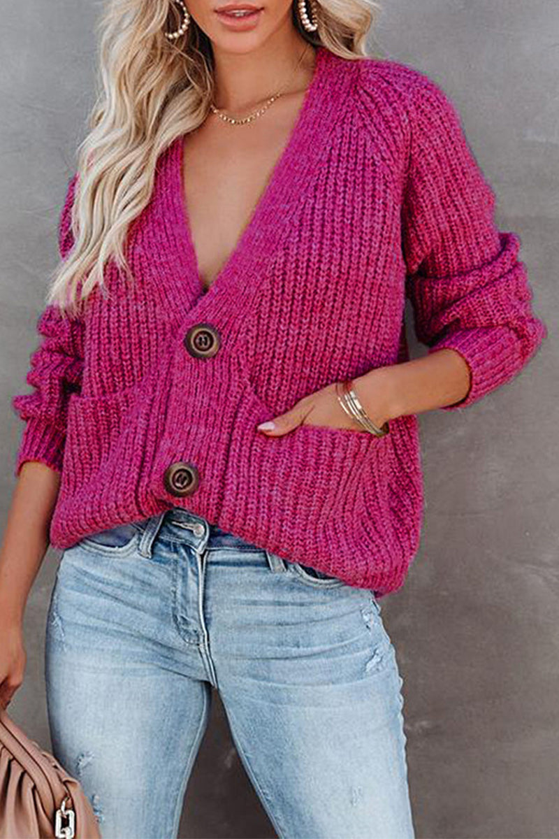 Tops casuales de cuello en V con botones y bolsillos sólidos