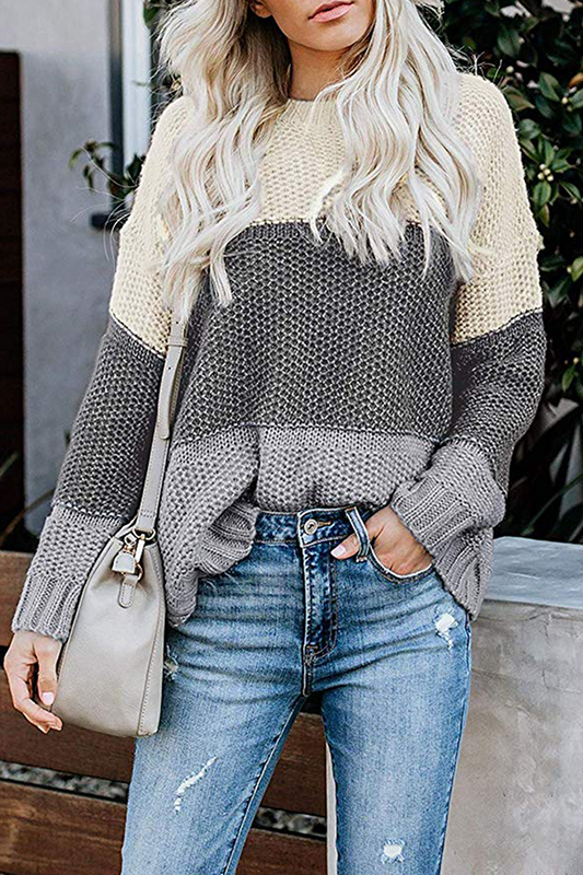 Suéter casual básico de patchwork con cuello redondo y contraste