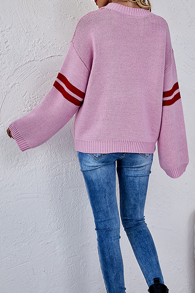 Suéter casual de cuello redondo con rayas y patchwork en contraste