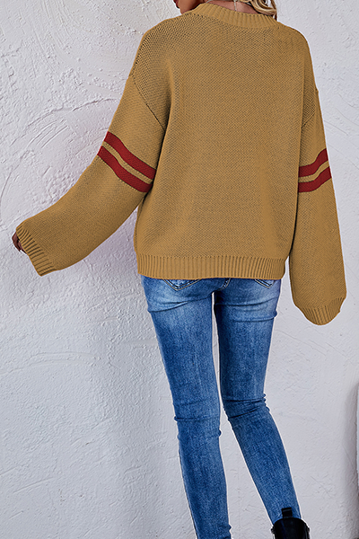 Suéter casual de cuello redondo con rayas y patchwork en contraste