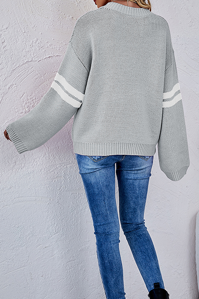 Suéter casual de cuello redondo con rayas y patchwork en contraste
