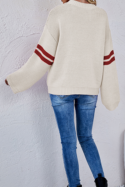 Suéter casual de cuello redondo con rayas y patchwork en contraste