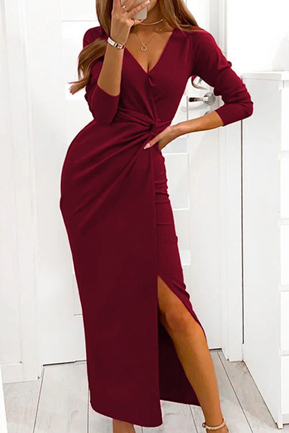 Vestidos elegantes de moda con escote en V, aberturas sólidas y pliegues