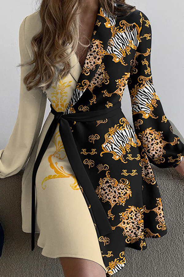Vestidos de línea A con cuello vuelto, estampado de patchwork liso y cinturón (5 colores)