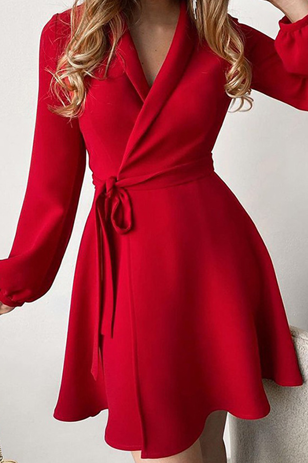 Vestidos de línea A con cuello vuelto, estampado de patchwork liso y cinturón (5 colores)