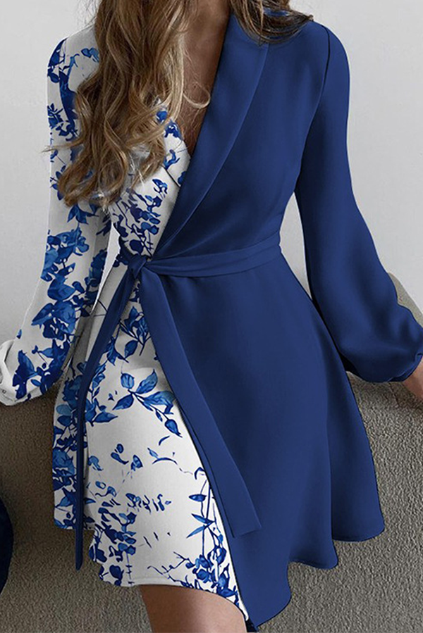 Vestidos de línea A con cuello vuelto, estampado de patchwork liso y cinturón (5 colores)