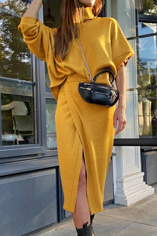 Conjunto de dos piezas de cuello alto, manga larga y abertura con parches lisos de estilo urbano