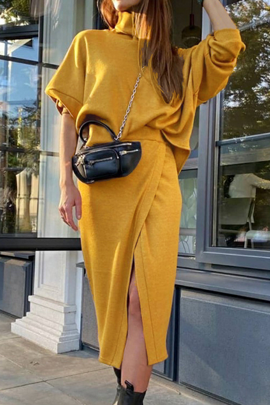 Conjunto de dos piezas de cuello alto, manga larga y abertura con parches lisos de estilo urbano