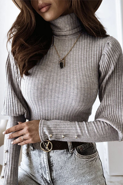 Tops casuales de cuello alto con hebilla sólida y pliegues (3 colores)